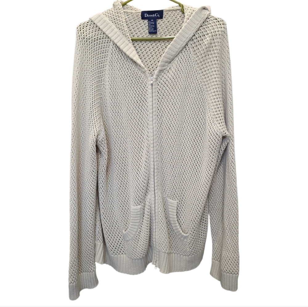 Denim&Co Cream Zip-Up Hooded Sweater